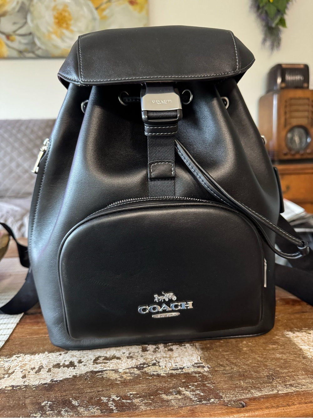 Coach Black Leather Drawstring Backpack with Front Zip Pocket